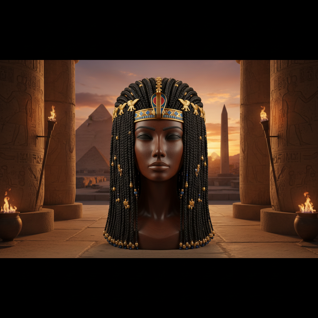 Ancient Egyptian wig showcasing intricate braiding and historical context.