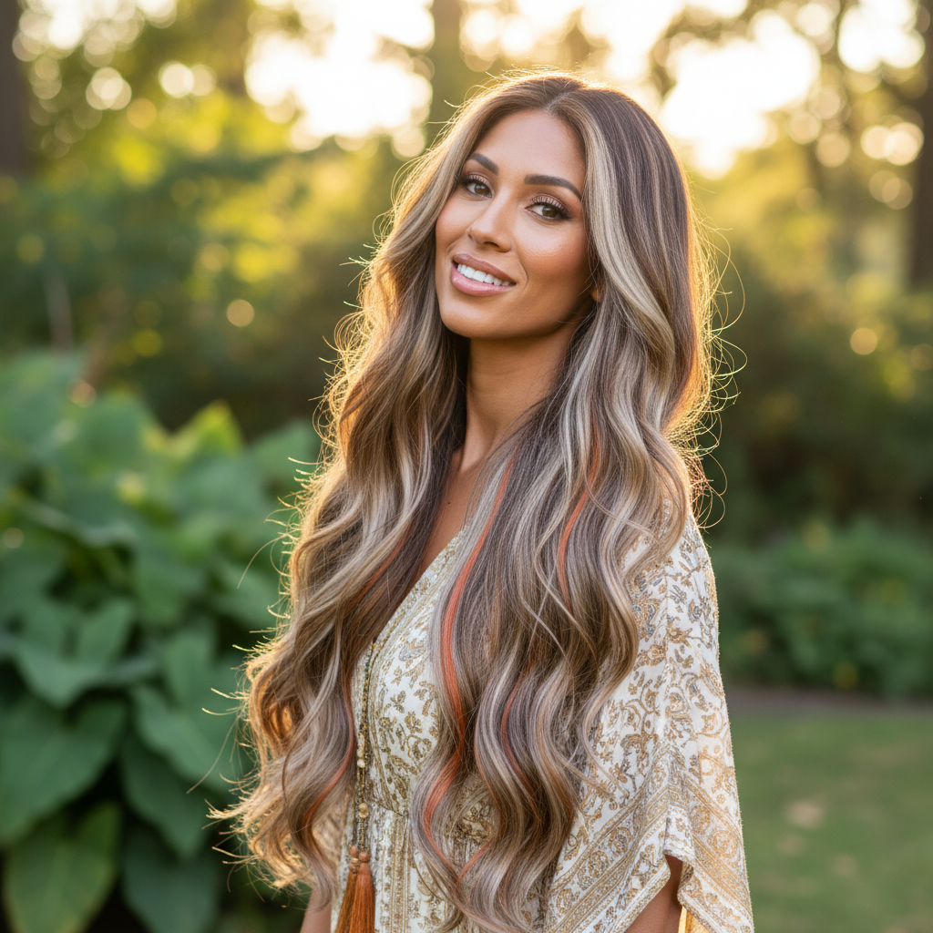 Woman with stylish hair extensions in natural and bold colors.