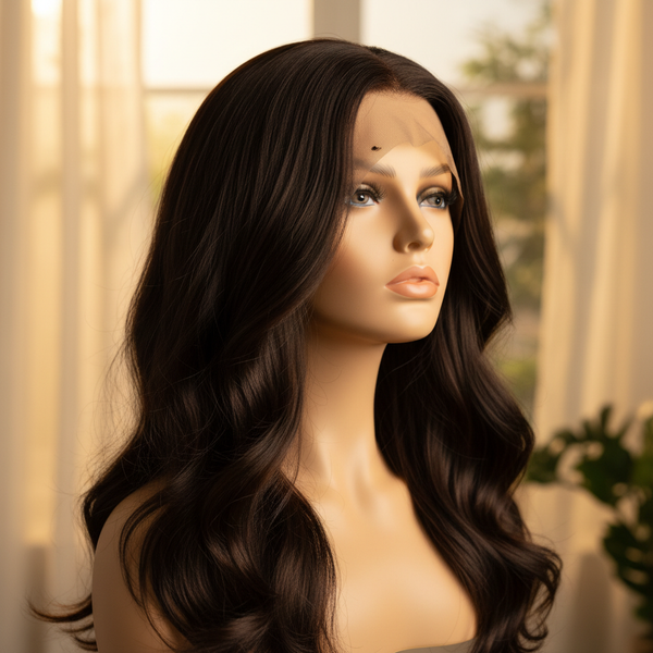 Natural-looking human hair wig with soft waves displayed on a mannequin.
