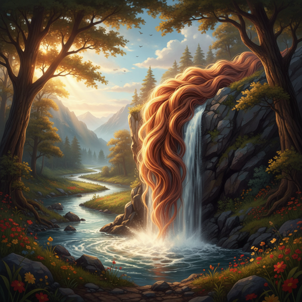 A majestic flow of hair near a river, symbolizing strength and vitality.