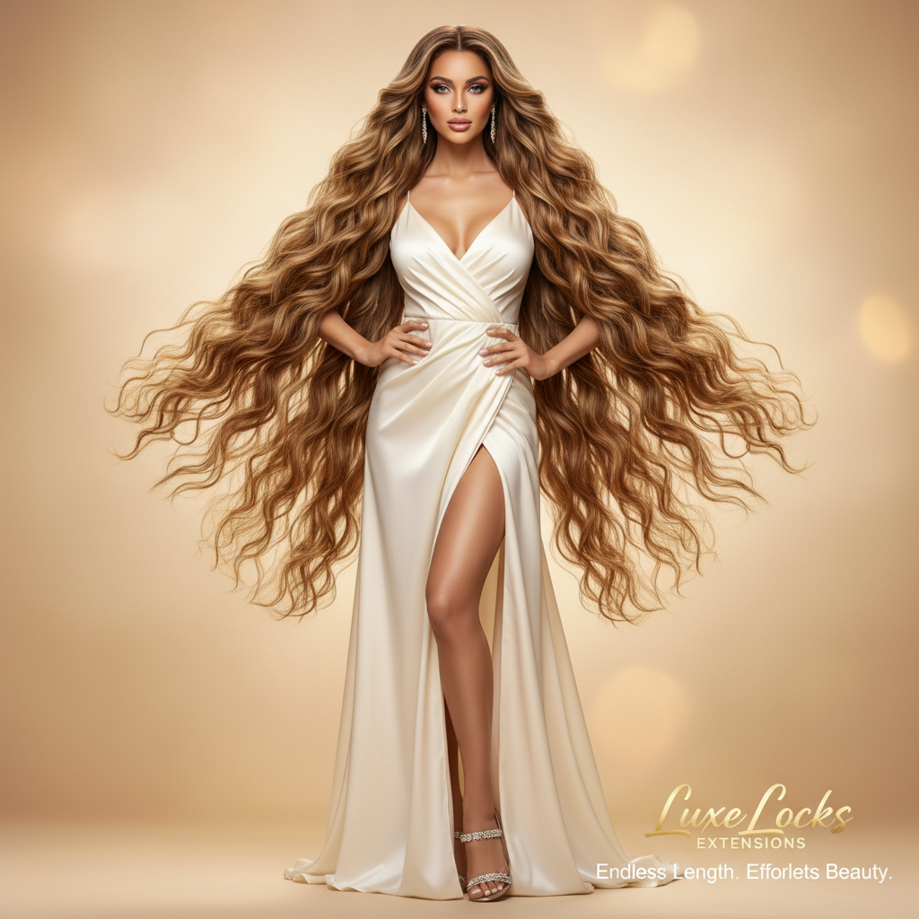 Model showcasing luxurious hair extensions in an elegant pose.