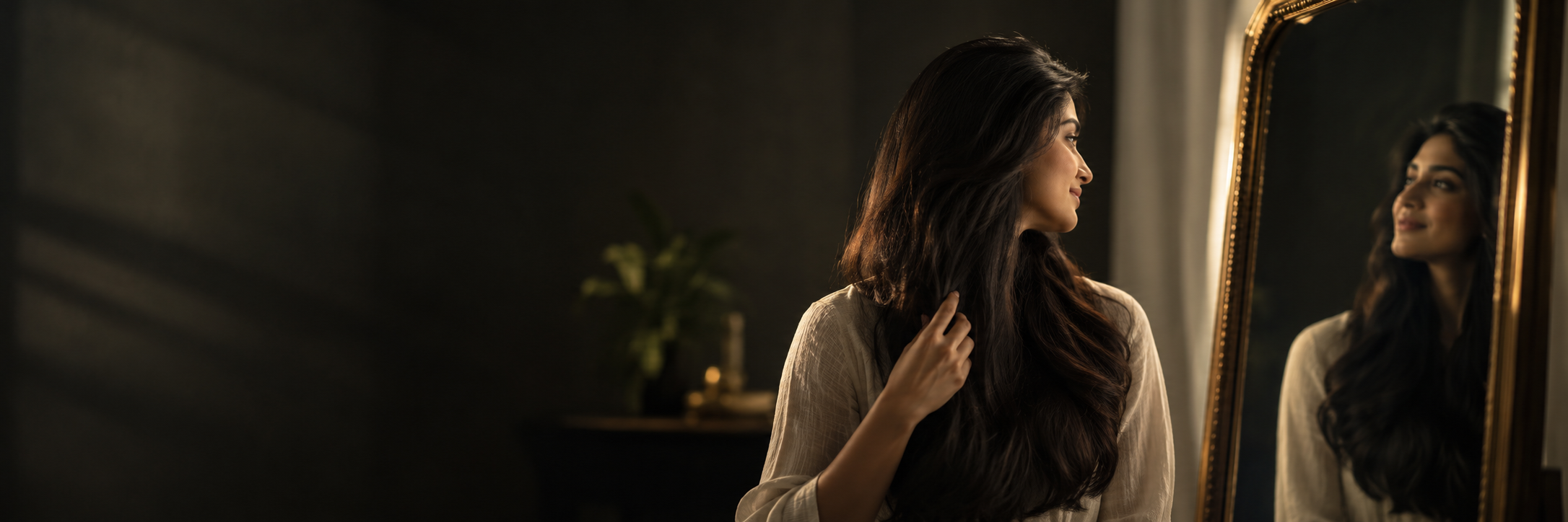 Woman touching her long healthy hair while looking at her reflection in a mirror - Hair Excellence About Us hero